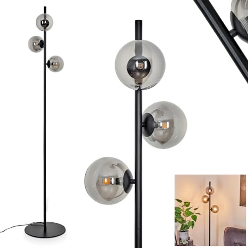 Lampadaire Remaisnil - Lampadaire moderne en métal/verre noir/verre fumé - Lampadaire avec abat-jour en verre (Ø 12 cm) - Interrupteur à pied sur câble - 3 x G9 - Sans ampoule
