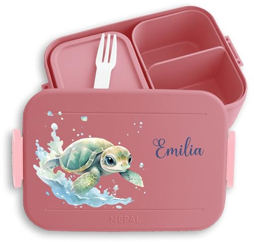 Kinder Bento Box Midi für Mepal Bentobox - Brotbox Schildkröte Lunchbox Schildi Vesperbox Panzertier I Turtle - 900 ml - Rosa - brotdose tiere vesperdose mädchen schule schildkröten meerestiere