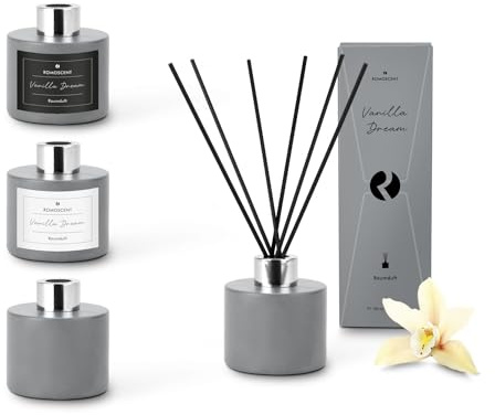 Römer Wellness Geschenkartikel: ROMOSCENT Raumduft Vanilla Dream, 100 ml & 6 Stäbchen, Duft nach Warmer Vanille, Moderne Betonoptik in Geschenkkarton, für ca. 20-25 m²; ca. 7 x 7 x 22 cm
