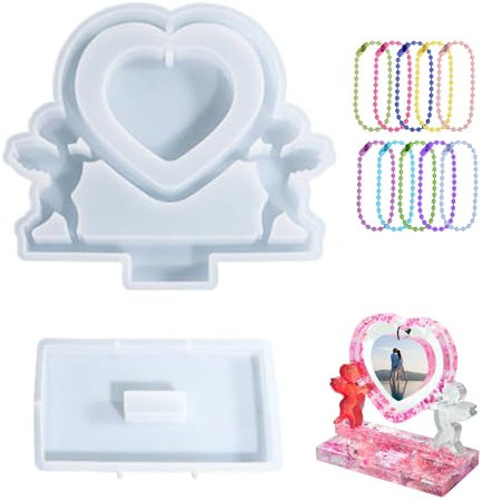 XoeLLe Herz Gießformen, Resin Herzform Silikonform Fotorahmen Epoxidharz Formen Silikonformen mit 10 Kleine Ketten 3D Harz Silikonform Kreative DIY Epoxidharz Formen Silikonformen Epoxidharz