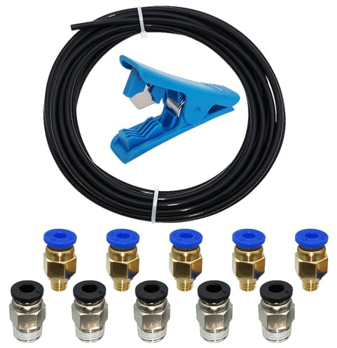 Teflonschläuche, CESFONJER 5 m schwarzer PTFE-Schlauch mit 1 Stück Schlauchverschraubungsschneider und 5 Stück PC4-M6 und 5 Stück PC4-M10 für PTFE-Rohr-Steckverbinder 1,75 mm Filament 3D-Drucker