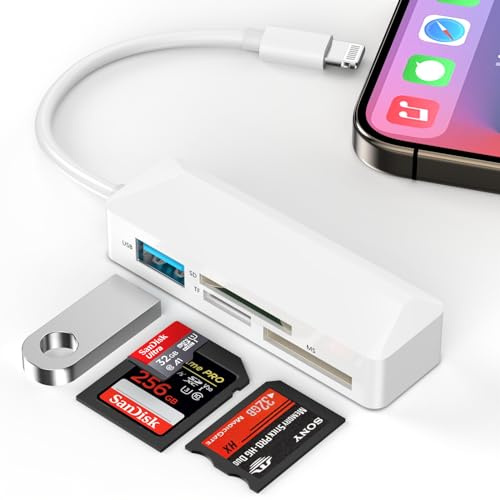 WILLMLEGED Lecteur de carte mémoire, 4 en 1 Lightning vers SD/Micro SD/MS, adaptateur USB 3.0 OTG, Plug and Play, pour iPhone 14/13/12/11/XS/XR/X/8/8 Plus/7/7 Plus, iPad Pro/Air/Mini