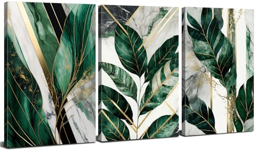 Green Wall Art Sage Green Gold Botanical Leaf Prints Wall Pictures for Living Room Bathroom Abstract Plant Canvas Painting for Hallway Decor Boho Monstera Leaf Prints for Office Bedroom 30x40cm 3Pcs