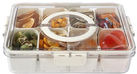 Cuenco para aperitivos con tapa，Contenedor para aperitivos con 8 Compartimentos Extraíbles，Plato De Snacks Desmontable，para almacenar nueces, dulces, especias. Para picnics, reuniones familiares.
