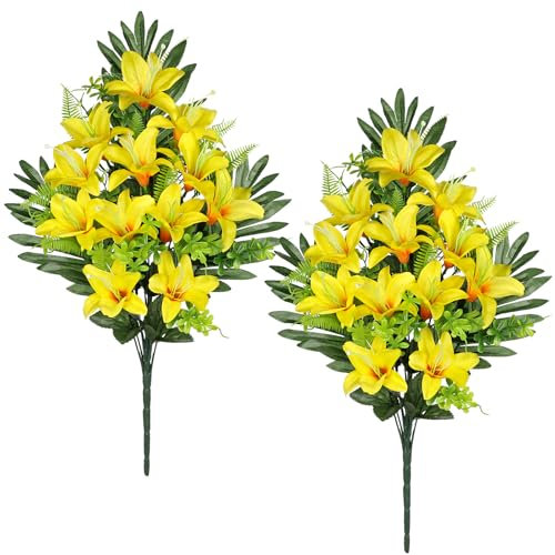 Oairse 2 pcs Artificial Flowers for Grave Yellow Artificial Lilies Flowers Bouquet Fake Lily Flower Memorial Flower for Flora Cemetery Arrangement Chrirstmas Grave Decoration Indoor Outdoor
