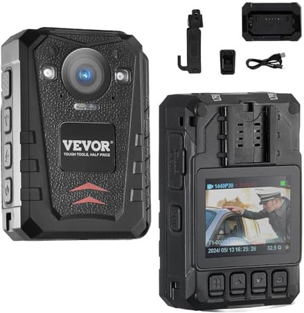 VEVOR Telecamera per Corpo della Polizia HD 1440P, 128 GB Audio Video, Batteria Integrata da 3500 mAh, LCD 5 cm, Visione Notturna Infrarossi, Telecamera Corpo Personale Impermeabile Forze dell'Ordine