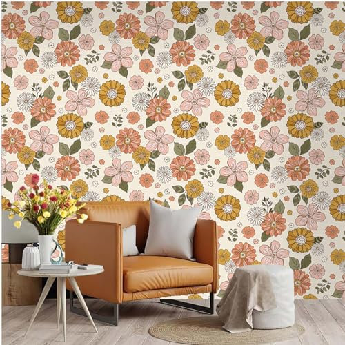 Selbstklebende Tapete Gelbe Rosa Blume Strukturtapete Wandtattoo Schlafzimmer Tapete Selbstklebend Vliestapete Wallpaper for Living Room Tapeten Leicht zu Entfernen Wandschutzfolie 45x300cm