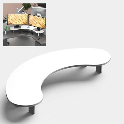 ZIMGOD Supporto per Monitor Supporto per Doppio Monitor del Computer Legno Massiccio, Curvo Organizer da Tavolo Bianco per 2 Monitor, Ampia Alzata Angolare da Scrivania per Laptop/TV/Telefono