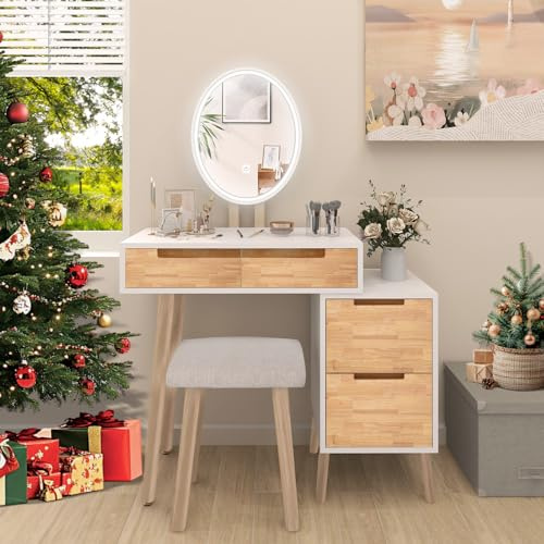 YU YUSING Schminktisch mit Beleuchtung, LED-Spiegel, Frisiertisch mit Stuhl | 4 Schubladen, 1 Schrank, Kosmetiktisch, Frisierkommode Make-up-Tisch für Wohnzimmer Schlafzimmer, Modern