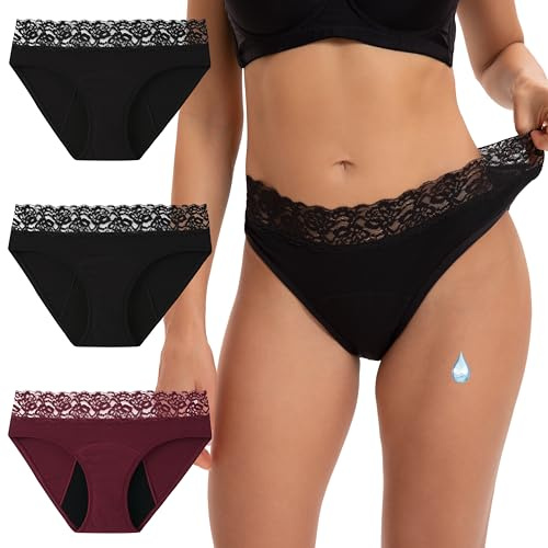 INNERSY Periodenunterschwäsche Leichte/Mittlere Blutung Menstruation 3 Pack | Hohes Bein Periodenslip Spitze, 100% Baumwoll Schritt, Menstruationsunterwäsche Waschbar, Hipster Unterwäsche Auslaufsicher