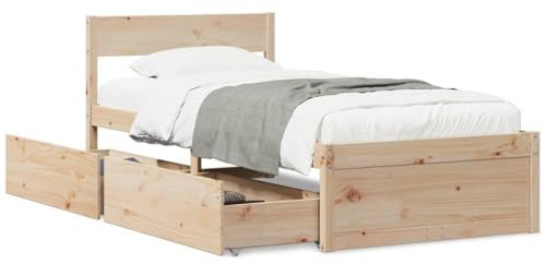 Homgoday Massivholzbett mit Schubladen Stauraumbett Bettrahmen Holzbett Schubladenbett Einzelbett Bettgestell Bett mit Kopfteil für Schlafzimmer Gästezimmer 100x200 cm Kiefer