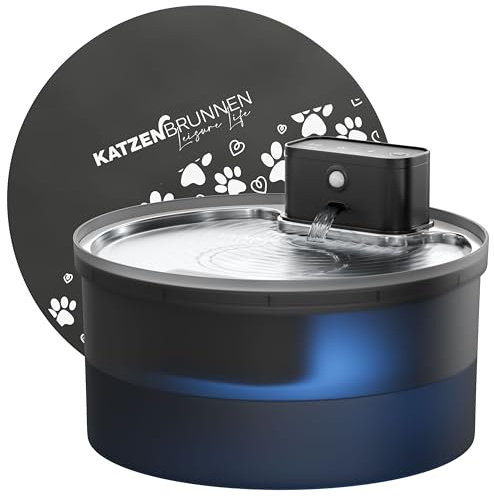 Leisure Life® | Trådlös kattfontän | med rostfritt stålbassäng | 3,2 l dricksfontän för katter | 4500 mAh batteri | Ultratyst pump med LED | BPA-fri (kattfontän i rostfritt stål + 1 matta + 1 filter)
