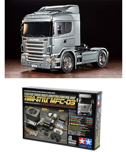 TAMIYA Bundle 56364 1:14 RC Scania R470 Silber Edition + 56523 1:14 MFC-03 Truck-Multifunktionseinheit, schwarz, fernsteuerbarer, Lastwagen, LKW, Konstruktionsspielzeug, Modellbau, Basteln, LKW