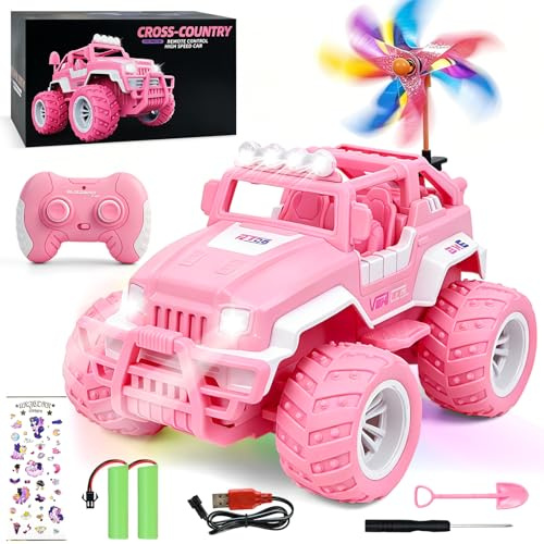 Ulikey Ferngesteuertes Auto, Off Road Auto mit LED Scheinwerfern, 1:16 SUV Pink Jeep, Offroad Auto Klettern mit Windmühle und Aufkleber, All-Terrain Ferngesteuertes Auto 4-12 Jungen Mädchen Geschenke