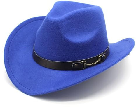 Gürtelschnalle Hut mit großer Krempe Western Cowboyhut Wollfilzhut Jazzhut(Blau)