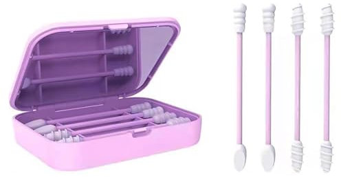 1 pcs Silicone Cotton Swab, Double Ears Cleansing Makeup Cotton Swabs Reusable Cotton Buds with Storage Case for Ear Cleaning Care and Makeup Removal (Purple)