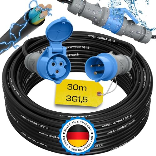 maxgo Camping Stromkabel 30m Wohnwagen Kabel Wohnmobil CEE Stecker Verlängerungskabel 3 Polig 3x1,5 Campingkabel 30 Meter Strom Verlängerung H07RN-F Camper Outdoor Mennekes