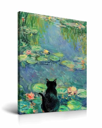 HesenDot Stampa artistica da parete con cornice, motivo gatto nero, 30 x 40 cm, motivo: Claude Monet con ninfea, divertente stampa con animali, decorazione da parete per casa, soggiorno, camera da