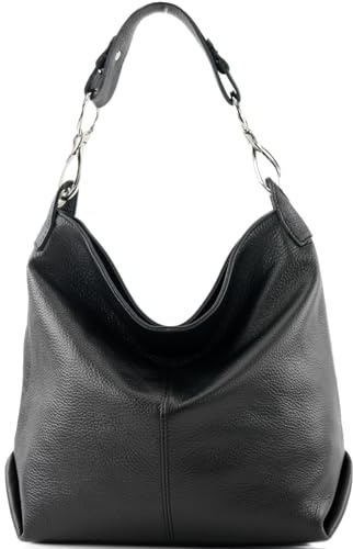 modamoda de T168 Damen Leder Schultertasche Henkeltasche Medium handmade in Italy, Farbe:Jet Black
