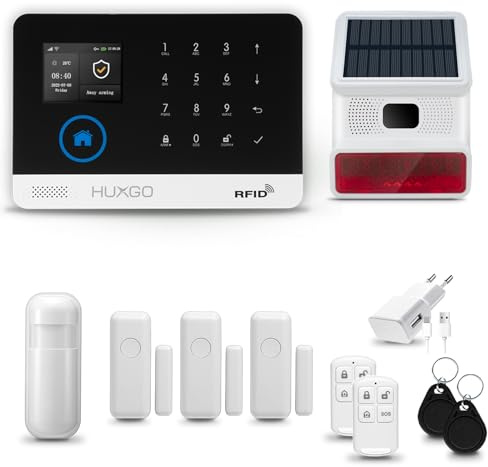 HUXGO® HXA003 Alarme Maison sans Fil WiFi + GSM 4G avec Solaire Sirène exterieure | Système d'alarme avec détecteur de Mouvement, 3X capteurs de Porte | Kit sécurité Maison, Appartement, Garage
