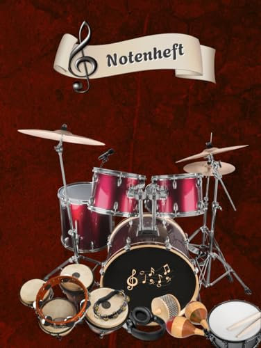 Notenheft Schlagzeug DIN A4 Notenbuch Xylophon Musikunterricht Trommeln Notenlinienheft Große Lineatur Glockenspiel Maracas Glocken Triangel Zimbel ... Notensysteme Rasseln Musiker Gongs B06B