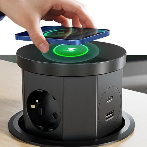 DEWIN Versenkbare Steckdose, Tischsteckdose 3 Fach Steckdosenleiste mit USB C, Kabellosem Ladegerät 15W und 1,5m Kabel Schwarz