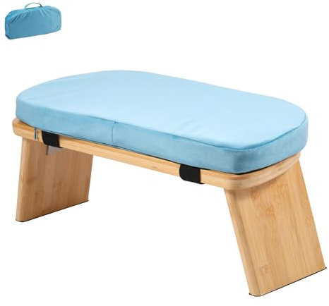 harupink Meditationsbank klappbar aus Bambus,Yoga Hocker mit Kissen,ergonomische Meditationshocker mit Samt Aufbewahrungstasche,rutschfest,Yoga Stuhl für spirituelle Momente im Alltag(Blau)