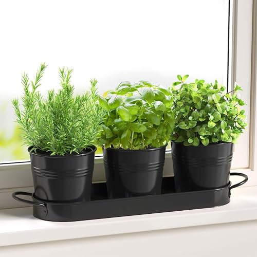 FGXY Pflanztöpfe Für Kräuter, Atmungsaktiver Kräutertopf, Küchenkräuter Töpfe, Kräutertopf Mit Untersetzer, Verwendet Zur Dekoration Von Schreibtisch, Fensterbänder, Blumenbänder Usw (schwarz)