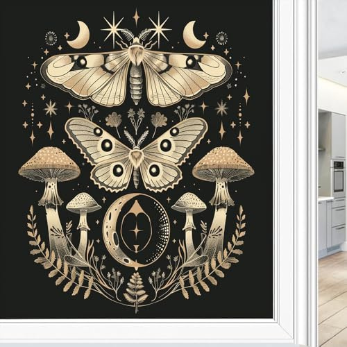 Gothic Mushroom Window Privacy Film Stained Glass Watercolor Mystery Butterfly Moon Window Clings for Glass Decorative Stickers Static Cling Sun Blocking Coverings 45x60 cm