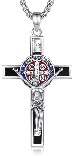 AEONSLOVE Collier Croix Chretienne Homme Femme Médaille Croix de Saint Benoît St Benoit Collier Crucifix Obsidienne Argent 925 Pendentif Croix Jesus Christ Bijoux Religieux Catholique