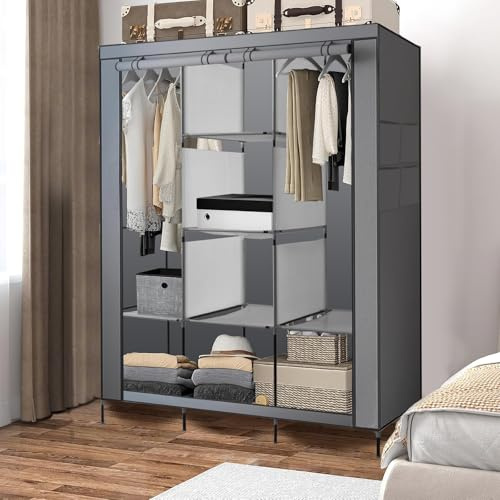 PLKO Portable Closet, Wardrobe Closet Organizer,Portable Clothes Closet Rolling Door Wardrobe with Grey Oxford Fabric Cover for Bedroom, (Grey)