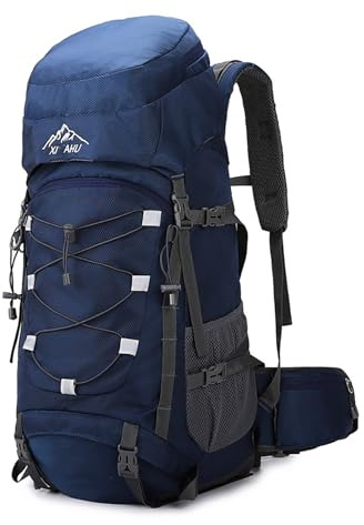Kabxhueo Wanderrucksack 60L Wasserdichter Trekkingrucksack für Herren Damen Reiserucksack Großer Wandern Rucksack mit Regenhülle ür Camping Trekking Mountainering Reisen Outdoor Sport,Dark Blue