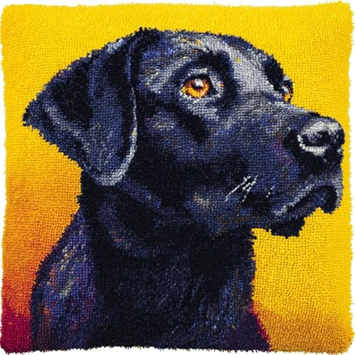 WallustrioaW Tier Hund Knüpfkissen-Set,Schwarzer Labrador-Welpe,knüpfkissen Set für Anfänger Erwachsene oder Kinder zum Selber Knüpfen,Knüpfpackung Knüpfset Kissen,17x17in