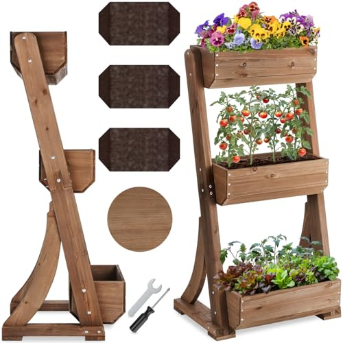 tectake® Jardinière Verticale 3 étages, 60 x 49 x 140 cm, Bois de Sapin | Compacte et élégante, capacité 20 kg par étage, drainage optimal, microclimat sain, montage rapide, toile incluse, marron