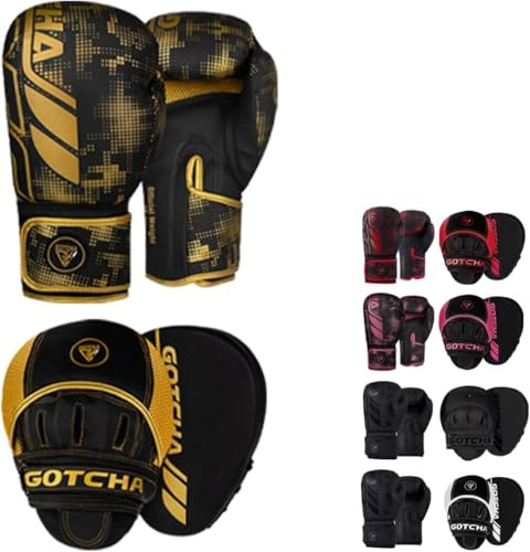 GotchaKart Boxing Gloves and Pads Set – Adults Men Women Kickboxing MMA Muay Thai Punching Gloves with Curved Focus Pads | Training Sparring Martial Arts Fitness