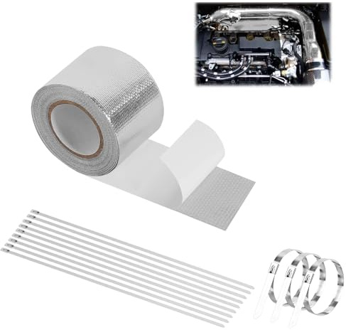JKITNHJOT Hitzeschutzband Auspuff 10M x 5cm, hitzebeständiges Auspuffband, selbstklebendes Dichtband mit 12 Kabelbindern für Auto & Motorrad Krümmer Reparatur