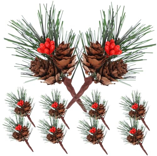 BAZEITFLOW 10 Stück Teiliges Kleine Künstliche PVC Kiefernzweige mit Beeren und Zapfen Mini Weihnachtsbaum Deko für Tischkränze Fensterdeko Innenbereich Langlebige Kunststoffzweige