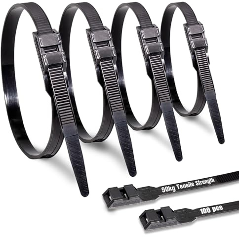 MgcTolBox 9mm x 360mm Double Verrou Serre Cable Noirs 100 Pièces Résistant au UV Durable Attache Cable Résistance à La Traction 90 kg Pour Cable Management, Famille DIY, Bricolage, Atelier, Jardinage