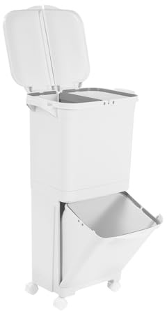 Loobiiny Cubo de basura vertical de clasificación, 45L, Polipropileno, Blanco, Separación seca y húmeda, 4 Ruedas, Tapa con doble apertura