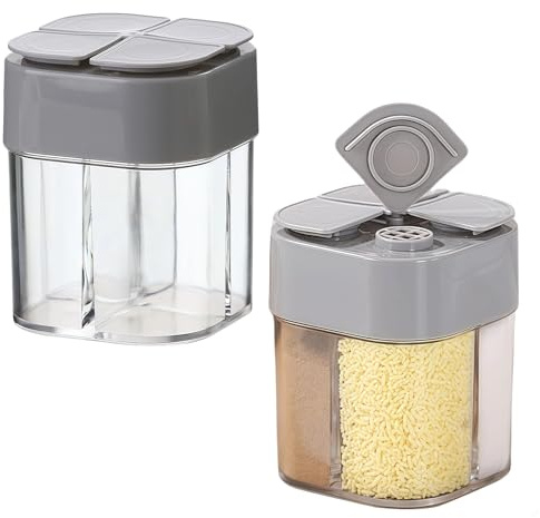LUMOOM 2 Stück Gewürz Dispenser, 4 in 1 Gewürzstreuer Camping, Reisegewürzdose aus Kunststoff, Gewürzdosen mit Fächern, Tragbare Cruet Flasche für Picknick, Lunchboxen, Küche (Grau)