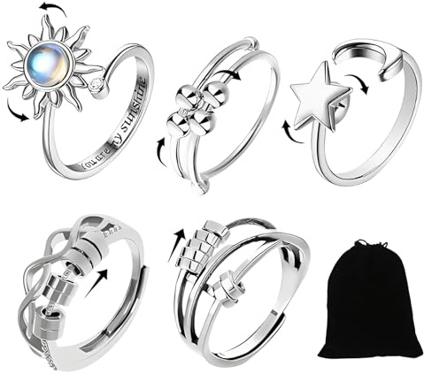 GWEOR 5PCS Anello Antistress per Donna, Anelli Spinner Con Perline, Impilabili Anelli Antistress, Regolabile Aperto Fidget Ring