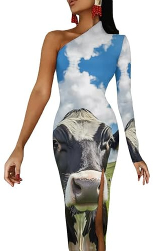 Foto de vestidos de vaca con hombros descubiertos para mujer, vestido largo de media manga con abertura, vestido de cóctel, Estilo:, M