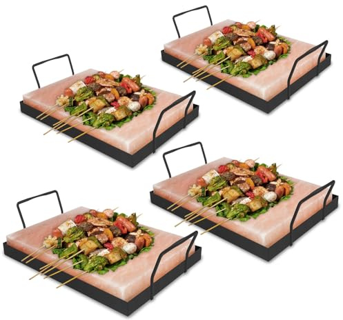 Jaxguom 4 x pack XXL saltsten för grillning, 20 x 30 x 3 cm salt grillstenar med järnplatta, återanvändbar saltgrillsten, original kristallsalt från förberedelsen, saltplatta för grillning för BBQ