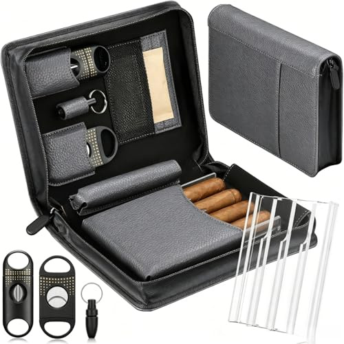 Racocou Lädercigarreseset med humidor, inkl. 2 giljotinskärare, stans, fuktighetsförpackningar, akrylbricka och multifunktionellt fodral – Perfekt present till män,Grey