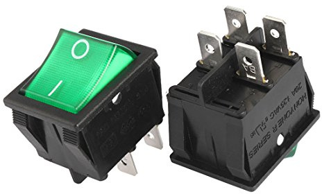 Sourcingmap 5Pcs AC 20A/125V 22A/250V DPST 4 Pin 2 Position I/O Green Light On Off Button Illuminated Boat Rocker Switch