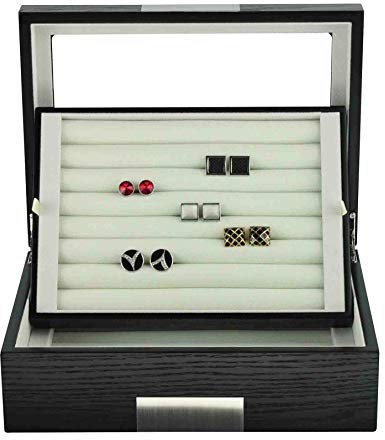 TimelyBuys Boîte à bijoux pour 72 boutons de manchette en bois d'ébène Noir