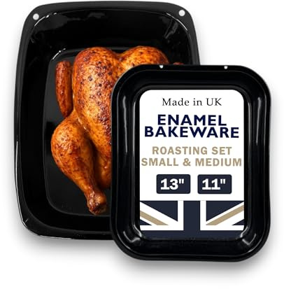 Great British Bakeware 28cm & 33cm Vitreous Enamel Roasting Tin Set, Baking Oven & Tray, Heavy Duty Vitreous Enamel Bakeware, Roasting Tray, Baking Pan, Made in England, Scratch Resistant