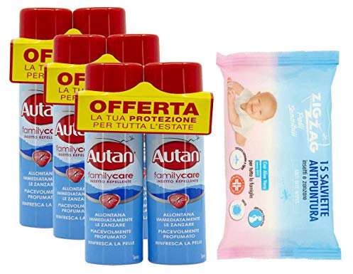 Autan Family Care Spray Bipacco - Insetto repellente e antizanzare - 6 Confezioni da 100 ml più 1 confezione ZIGZAG Pelli Sensibili salviette antipuntura