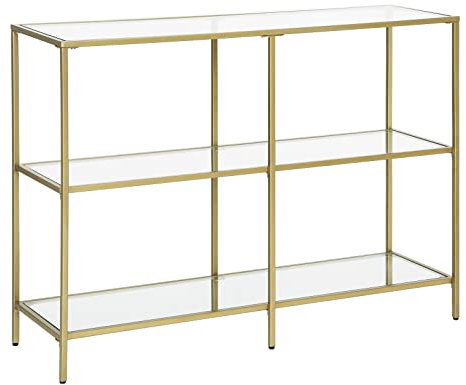 VASAGLE Konsolentisch, Regal, 3 Ablagen aus Hartglas, Flurtisch, 30 x 100 x 73 cm, Metallrahmen, modern, für Flur, Wohnzimmer, Schlafzimmer, goldfarben-transparent LGT27G