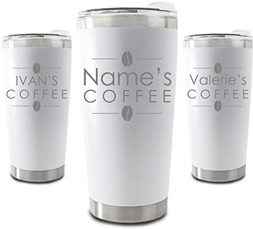 Personalised Engraved 500ml White Travel Cup with Name's Coffee Design, Personalise with Any Name